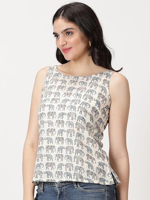 Pichwai and Elephant Print Cotton Tank Top
